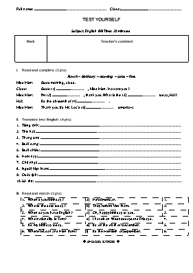 Đề kiểm tra 15 phút Tiếng Anh 4